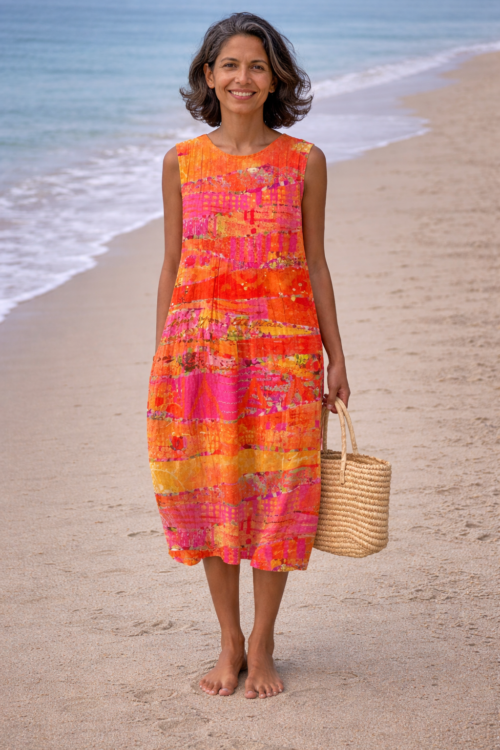 Abstract Print Sleeveless Round Neck Midi Dress