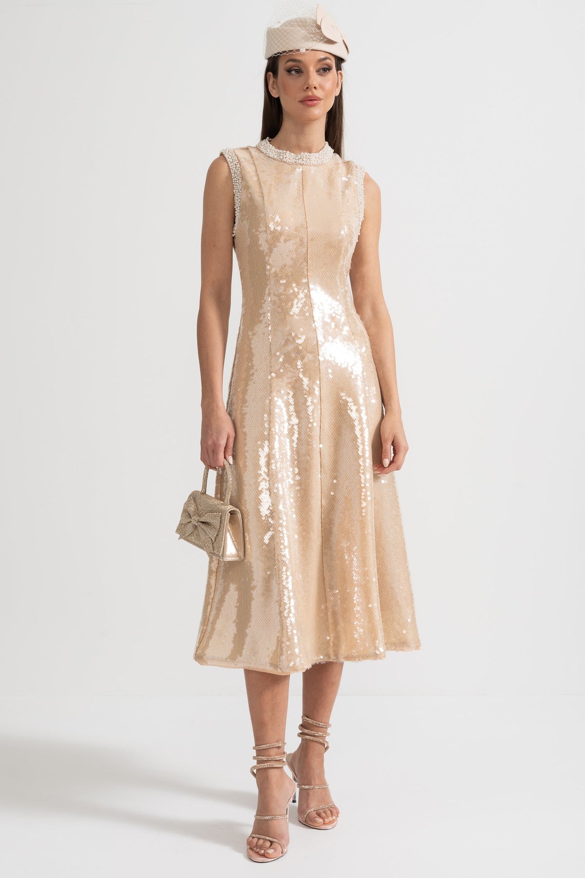 Sequin Sleeveless High Neck Pearl Trim Tea Length Midi Dress - View 9