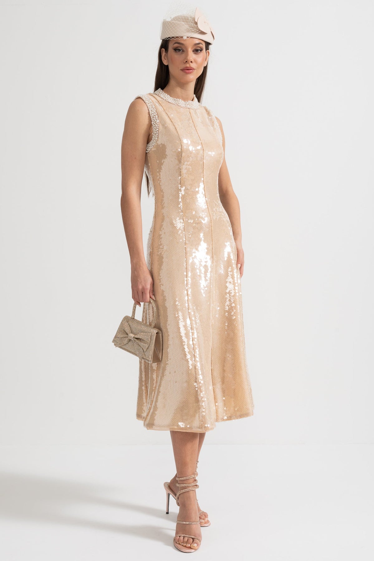 Sequin Sleeveless High Neck Pearl Trim Tea Length Midi Dress - View 3