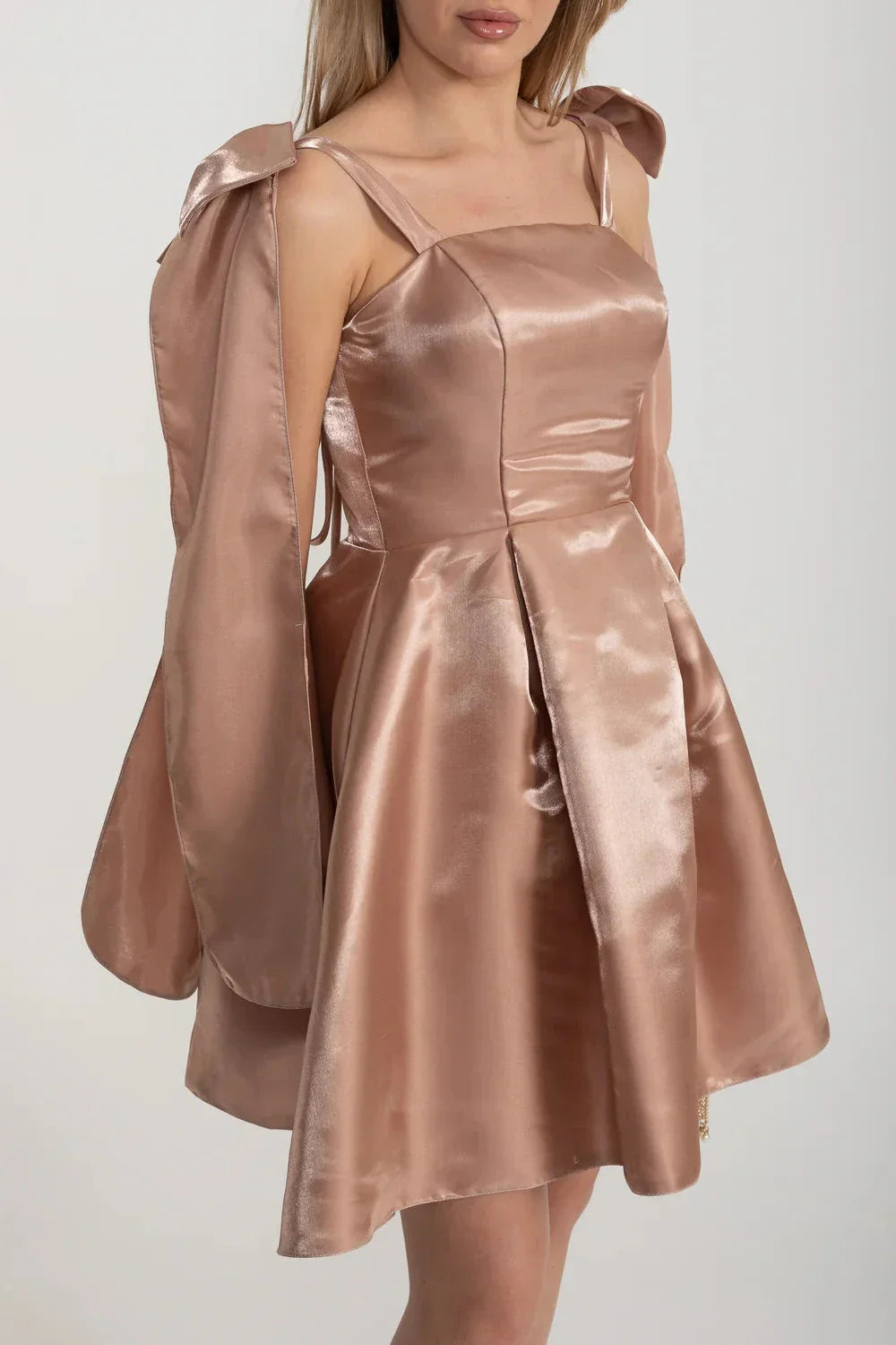 Satin Square Neck Spaghetti Strap Shoulder Bow Pleated Mini Dress - View 4
