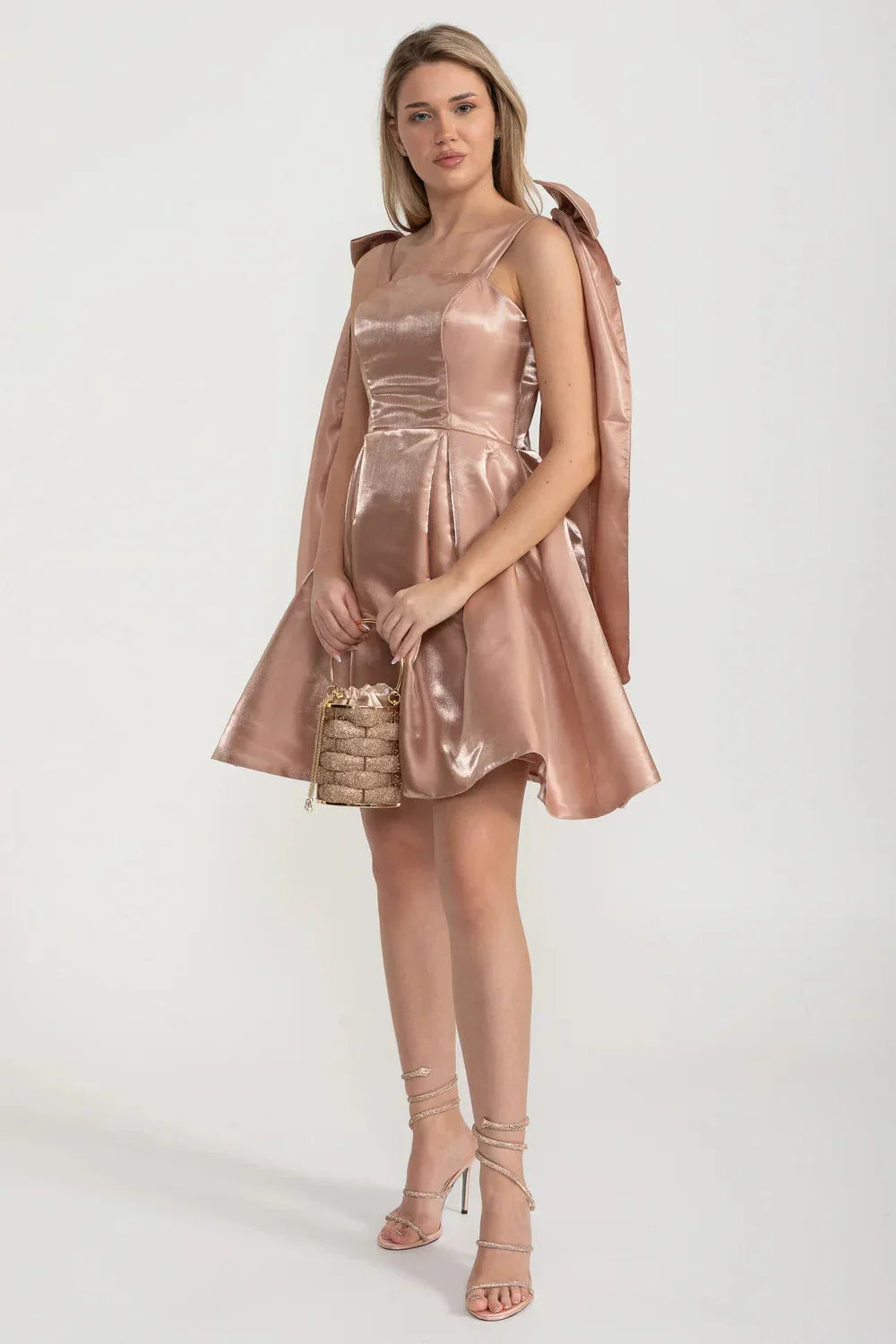 Satin Square Neck Spaghetti Strap Shoulder Bow Pleated Mini Dress - View 5