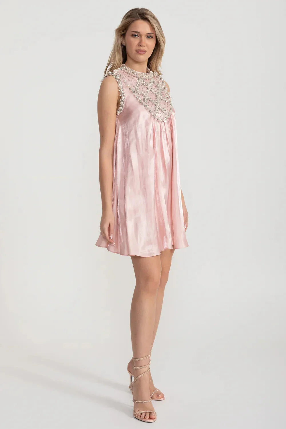 Sequin Pearl Embellished Bib Neck A-Line Shift Mini Dress - View 3