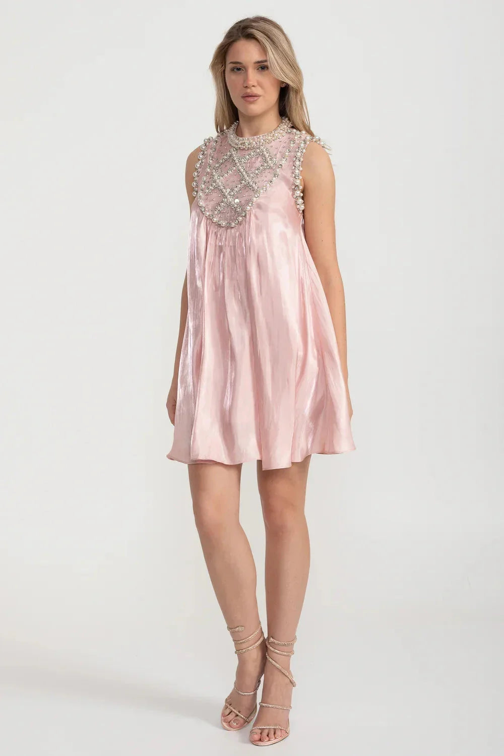 Sequin Pearl Embellished Bib Neck A-Line Shift Mini Dress - View 4