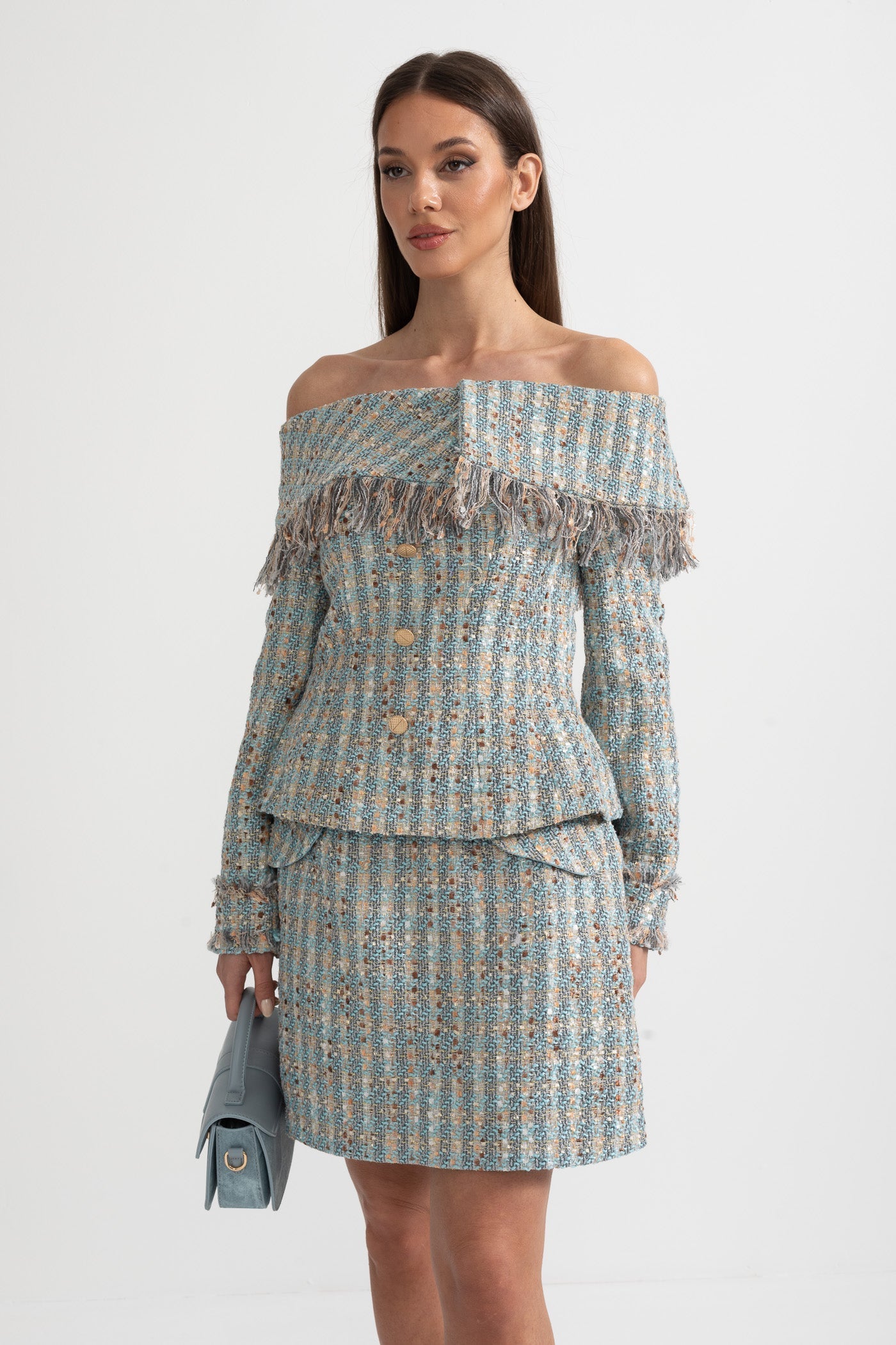 Plaid Tweed Set With Off-Shoulder Top And Coordinated Mini Skirt - Blue