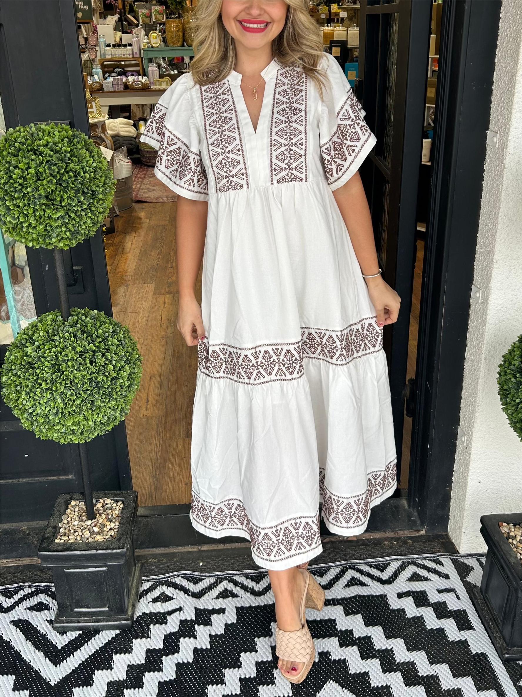 Embroidered V-Neck Flutter Sleeve Empire Waist Tiered Midi Dress
