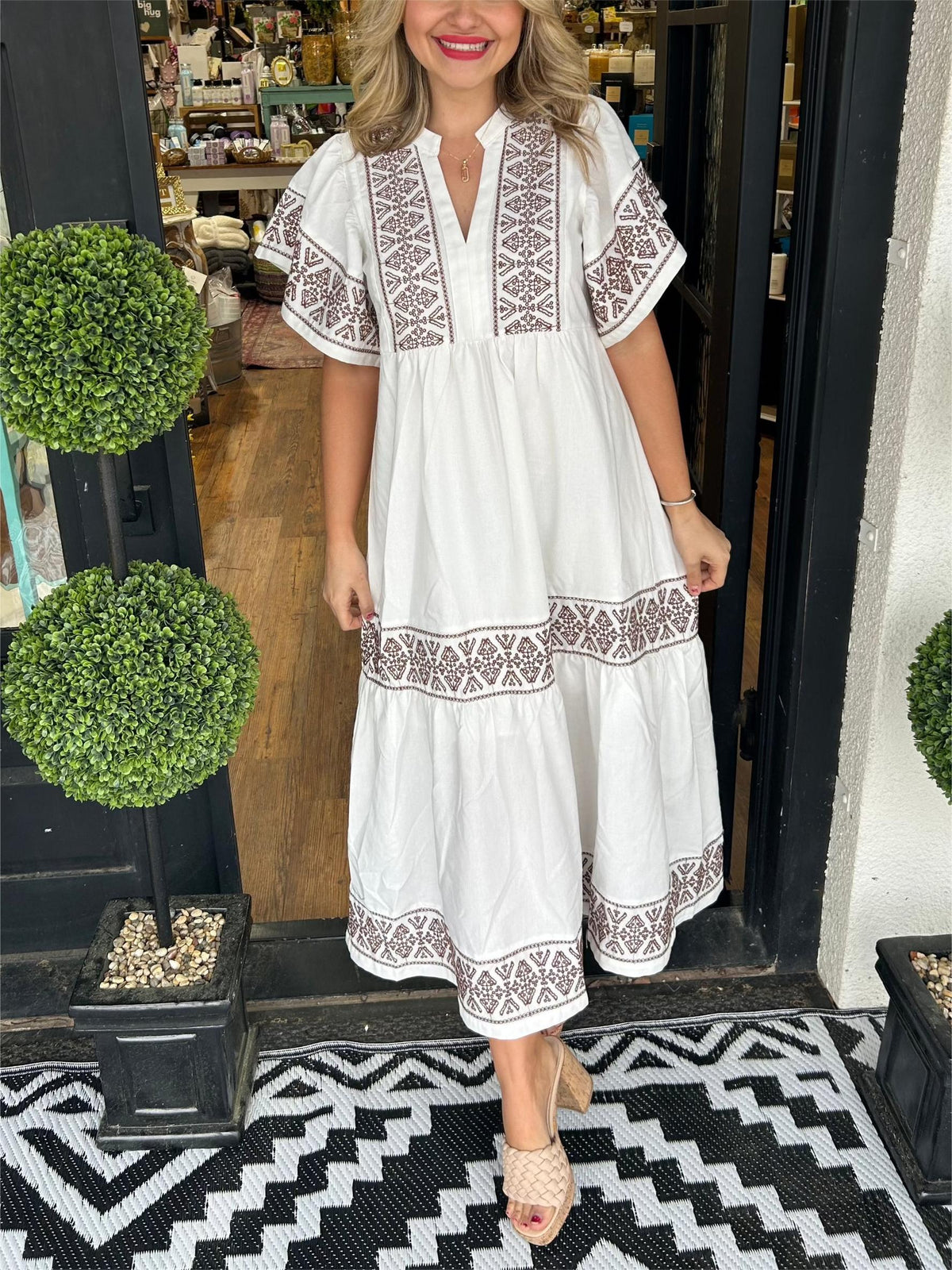 Embroidered V-Neck Flutter Sleeve Empire Waist Tiered Midi Dress - View 2