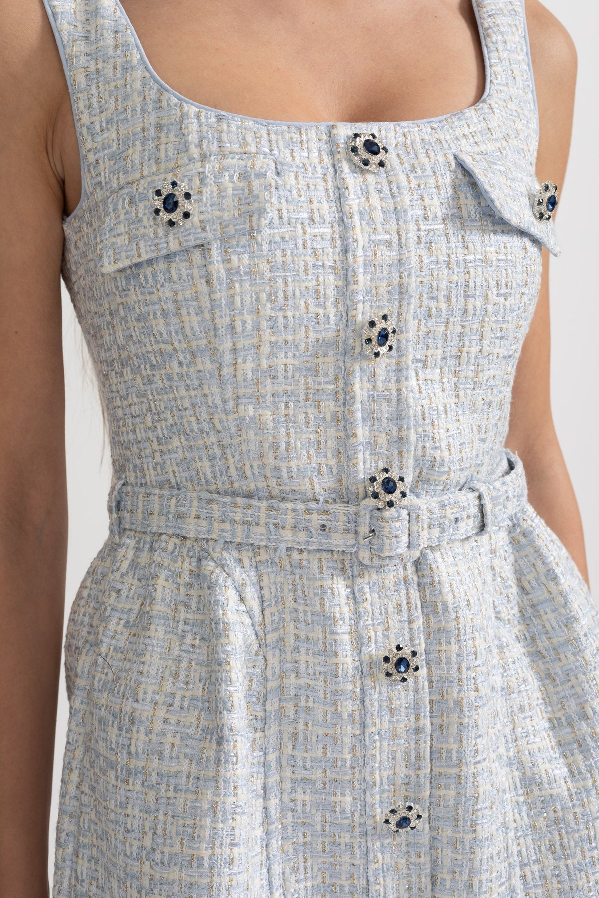 Tweed Square Neck Sleeveless Jewel Button Belted Mini Dress - View 6