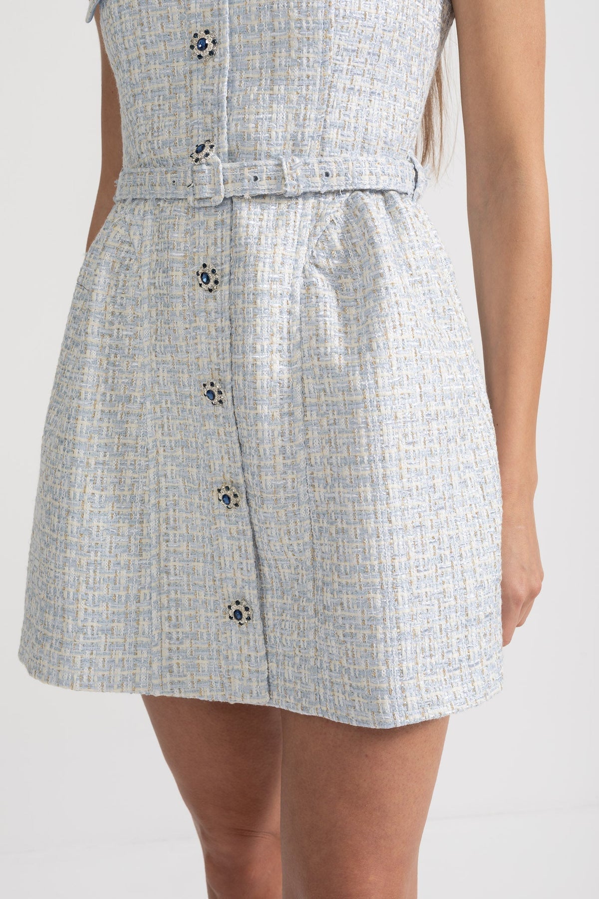Tweed Square Neck Sleeveless Jewel Button Belted Mini Dress - View 8