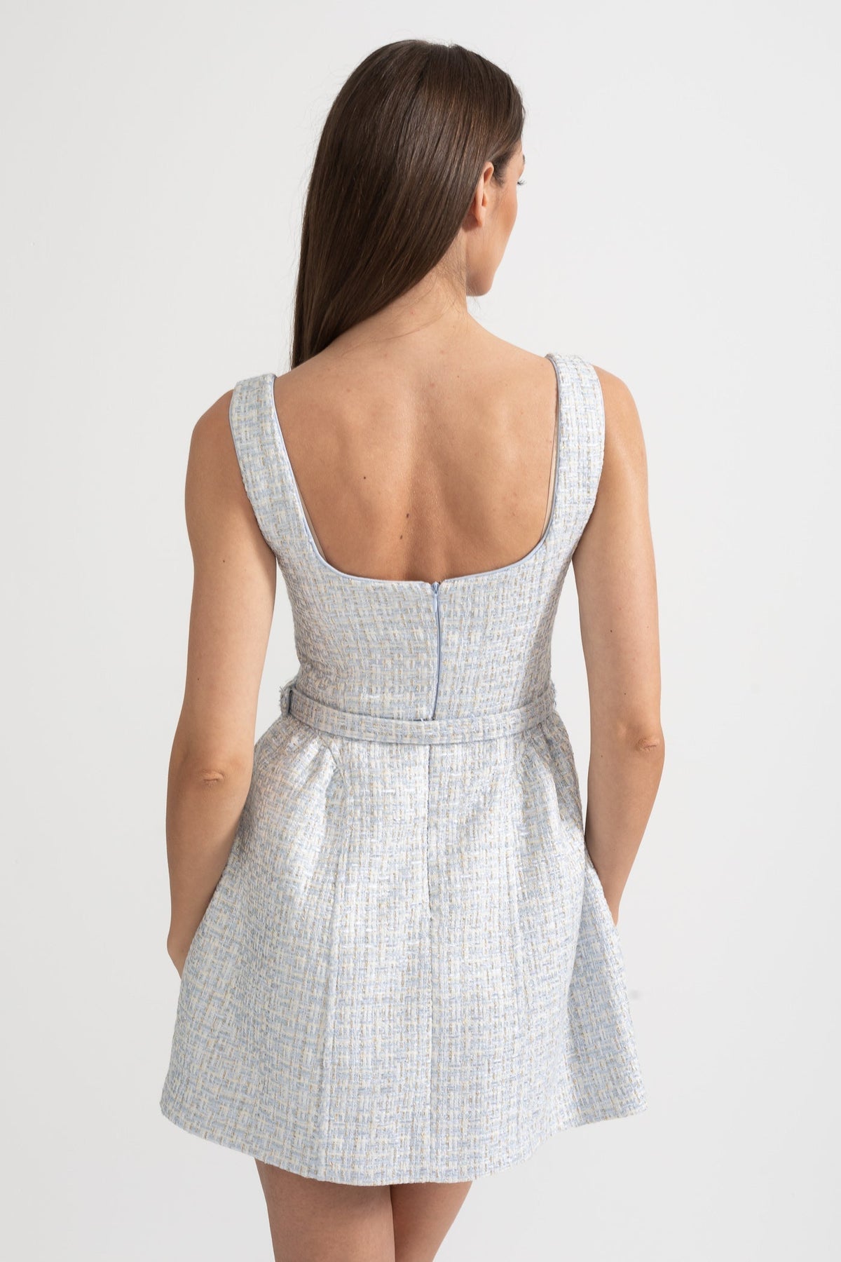 Tweed Square Neck Sleeveless Jewel Button Belted Mini Dress - View 10