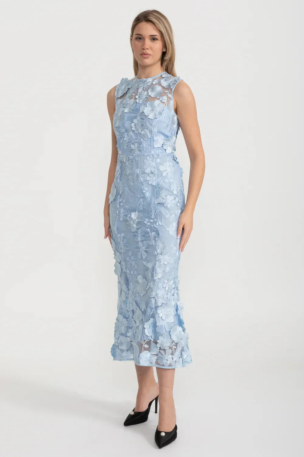 3D Floral Applique Sleeveless High Neck Mesh Sheath Midi Dress - View 3