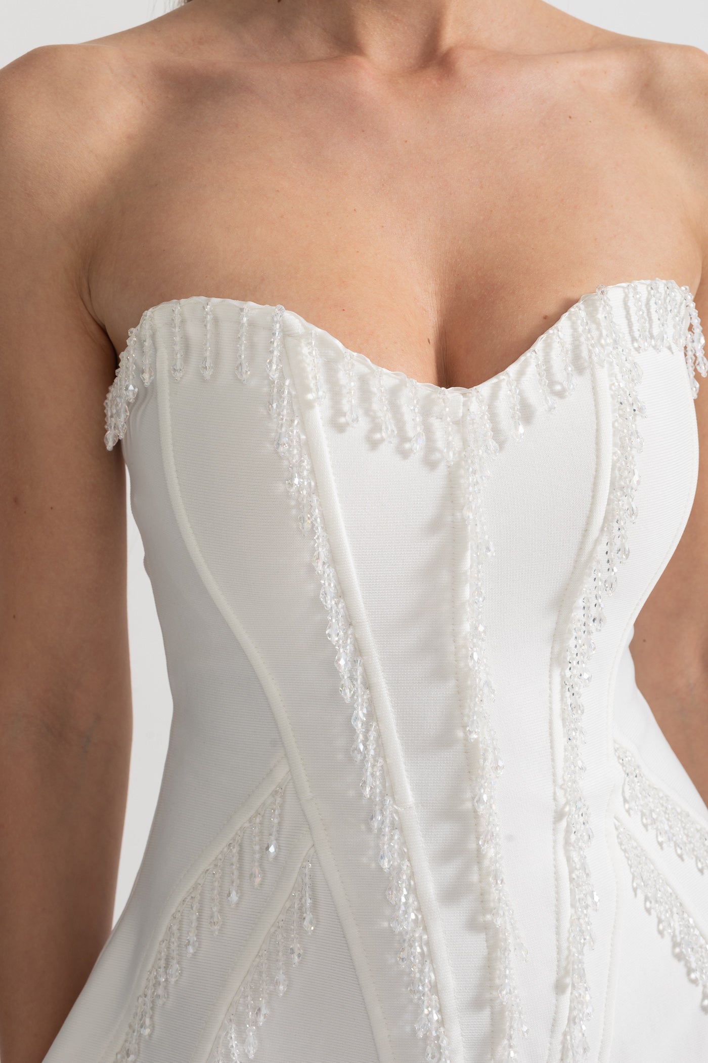 Elegant Corset Gown With Corset Top And Sheer Nude Maxi Skirt - White
