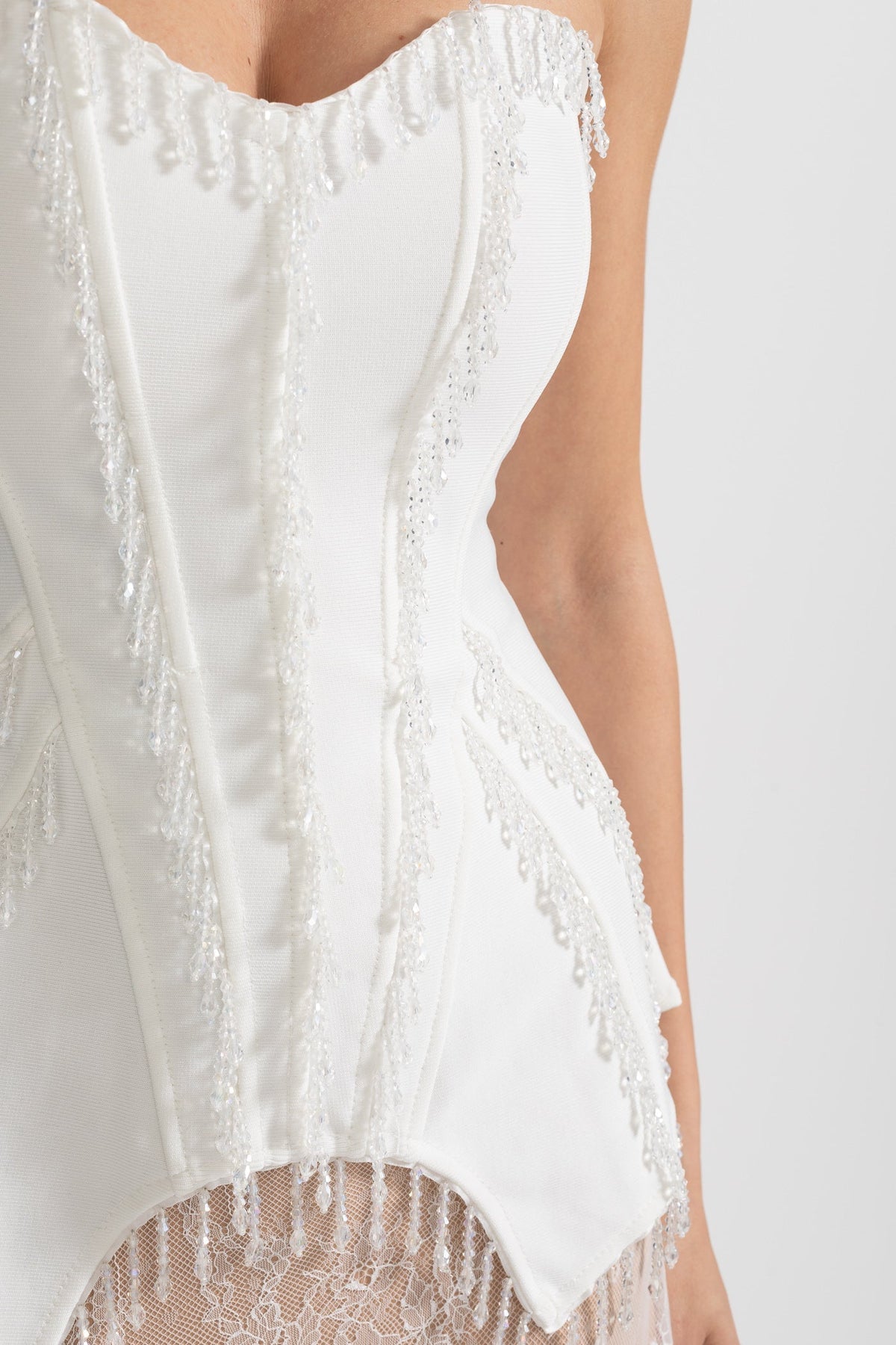 Strapless Beaded Fringe Peplum Corset Lace Maxi Dress 9