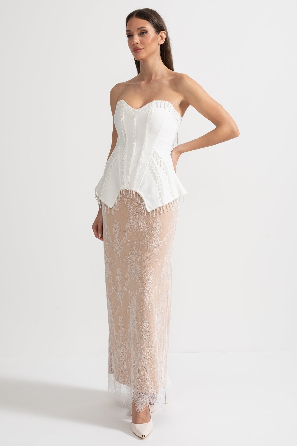 Strapless Beaded Fringe Peplum Corset Lace Maxi Dress 4
