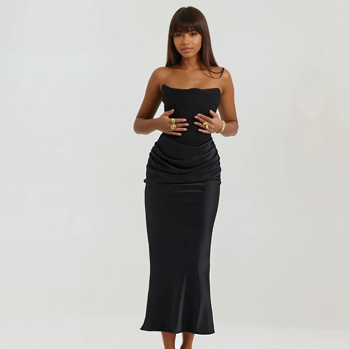 Strapless Corset Bodice Draped Satin Skirt Midi Dress