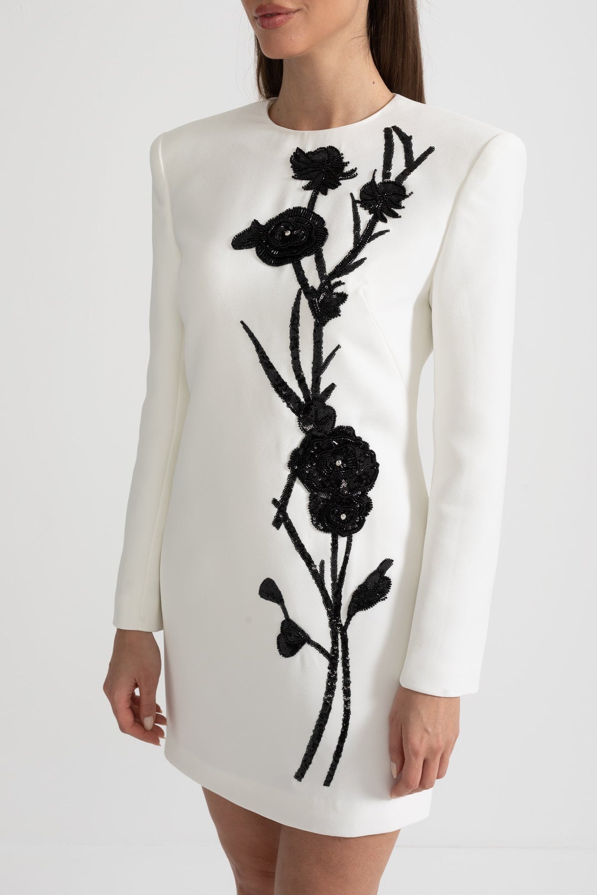 Round Neck Long Sleeve Beaded Floral Applique Structured Shoulder Mini Dress 11