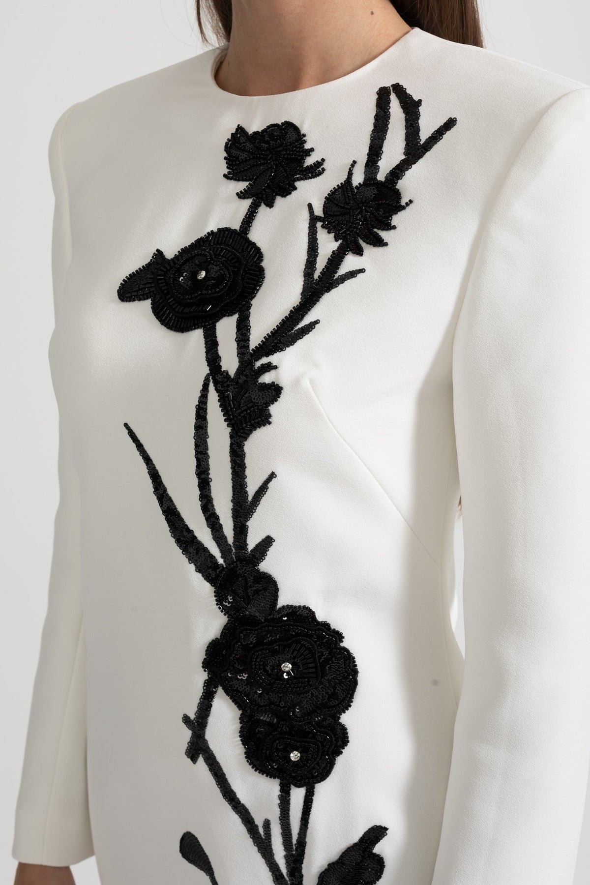 Round Neck Long Sleeve Beaded Floral Applique Structured Shoulder Mini Dress 12