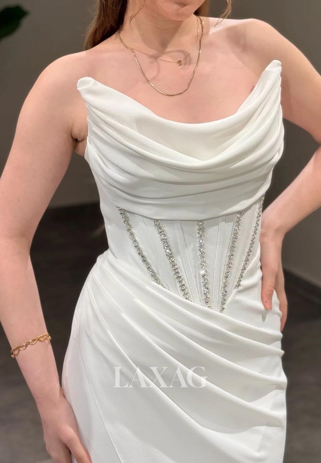 Scoop-Neck Off-Shoulder Pleated Satin Mermaid Evening Dress Sleeveless Beaded Formal Gowns