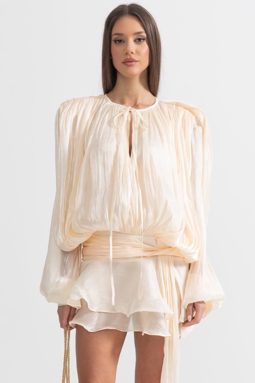 Pleated Satin Tie Neck Long Sleeve Wrap Waist Ruffle Hem Mini Dress