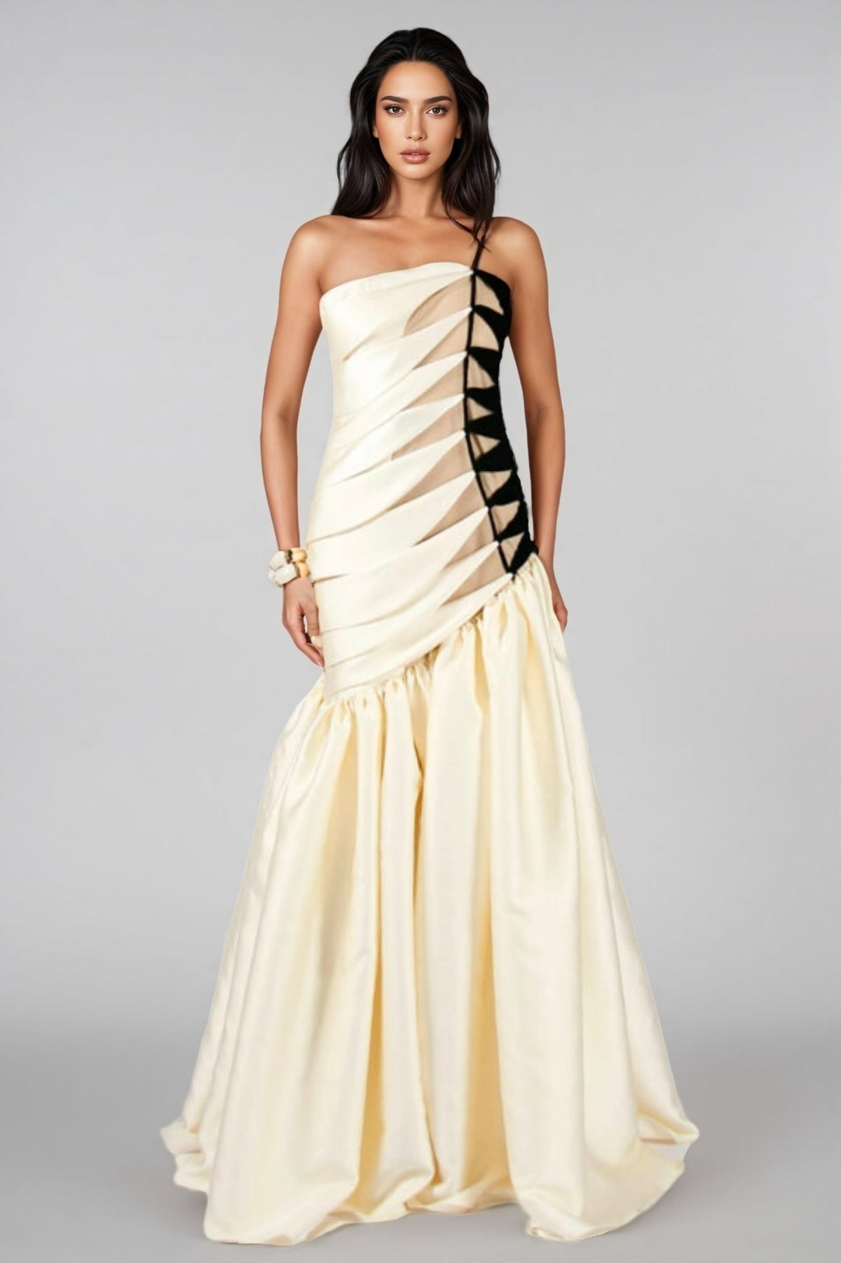 One Shoulder Pleated Satin Contrast Cut Out Drop Waist Mermaid Gown