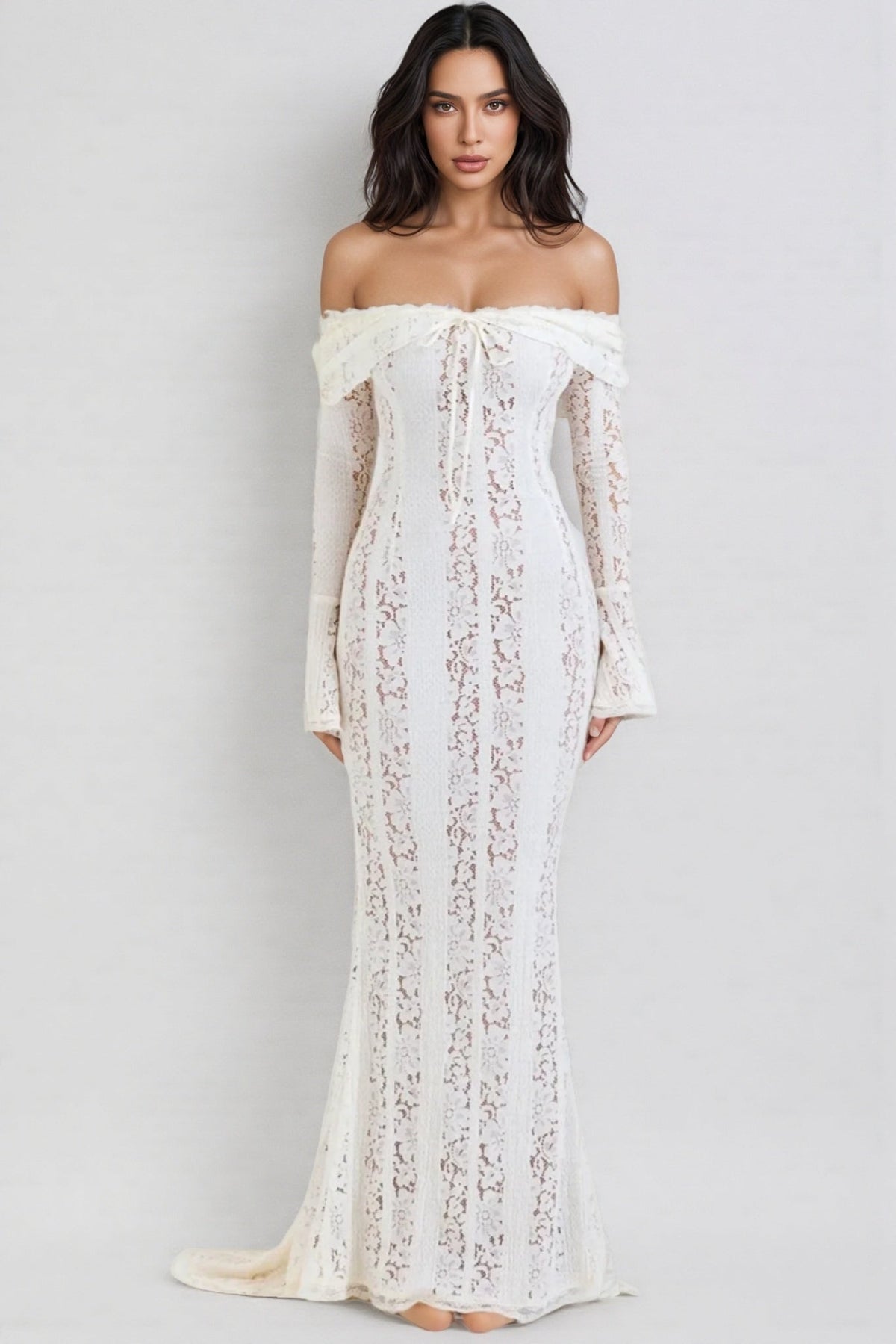 Lace Off Shoulder Long Flare Sleeve Tie Front Mermaid Maxi Dress
