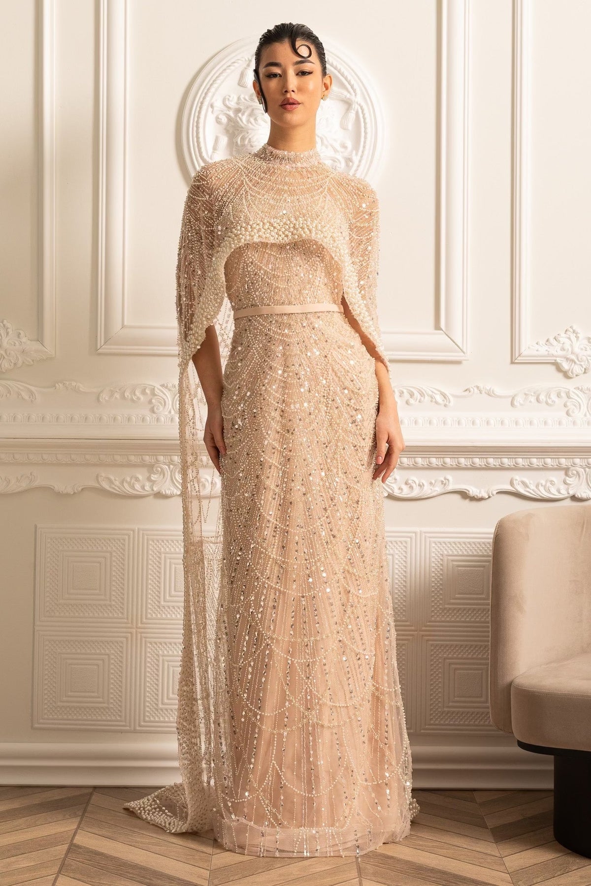Scalloped Pearl Trim Beaded Mesh Cape Overlay Column Maxi Gown
