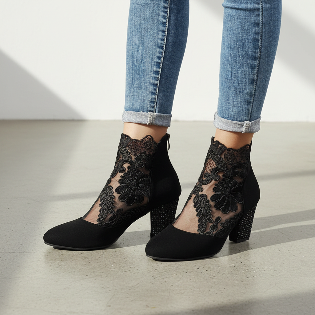 Floral Lace Mesh Round Toe Block Heel Ankle Boots