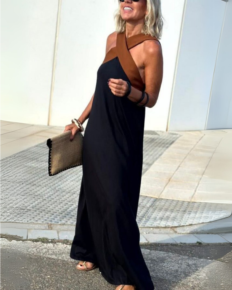 Cross Halter Neck Contrast Panel Sleeveless Draped Maxi Dress