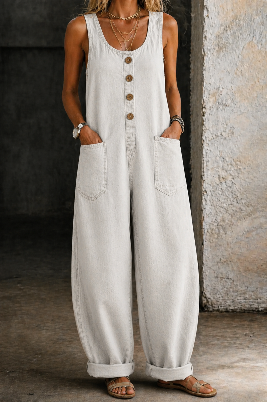 Sleeveless Button Front Wide Leg Denim Overall Jumpsuit