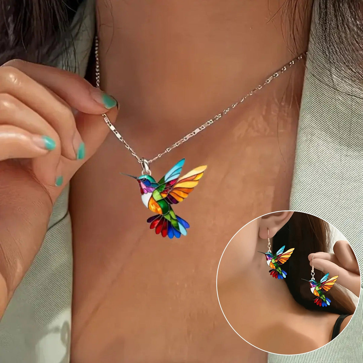Enamel Hummingbird Pendant Fine Chain Necklace