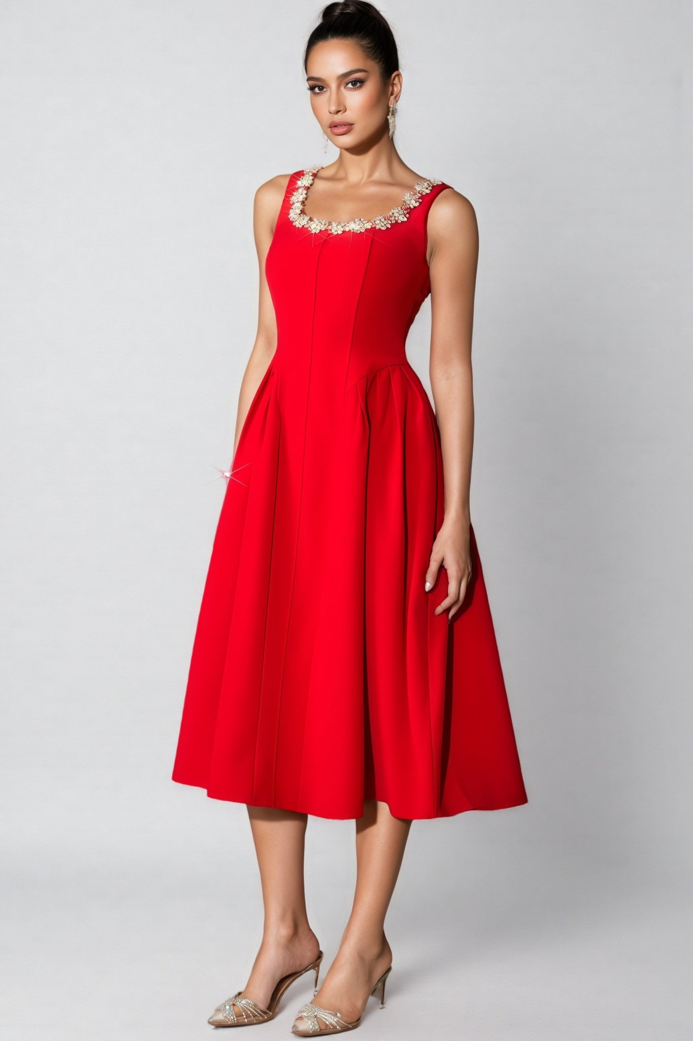 Crystal Trim Scoop Neck Sleeveless Pleated A-Line Midi Dress