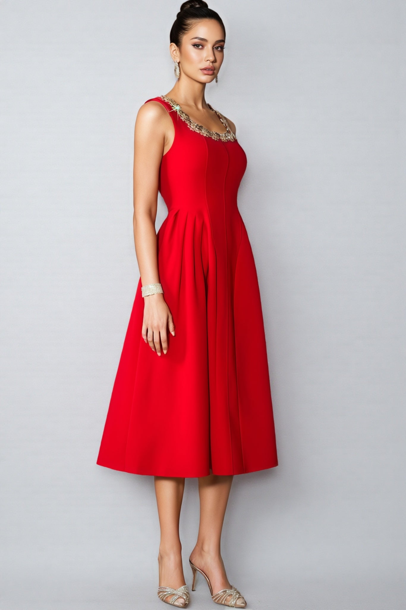 Crystal Trim Scoop Neck Sleeveless Pleated A-Line Midi Dress