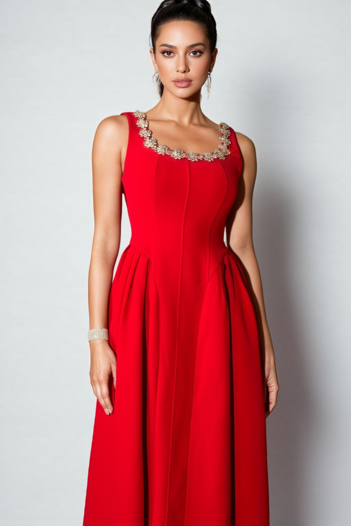 Crystal Trim Scoop Neck Sleeveless Pleated A-Line Midi Dress