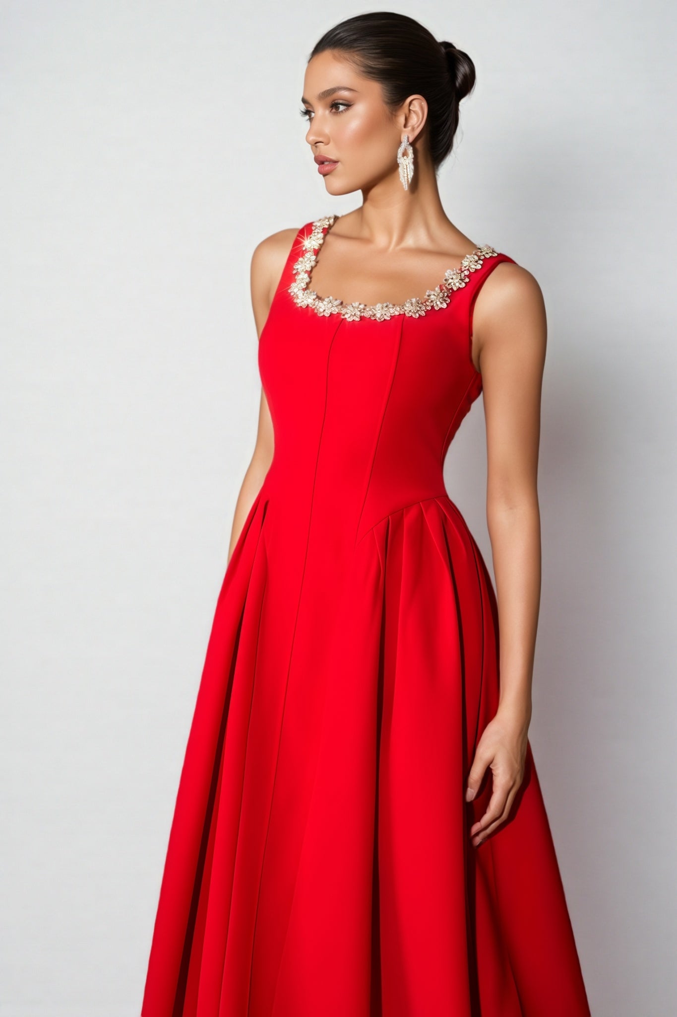 Crystal Trim Scoop Neck Sleeveless Pleated A-Line Midi Dress