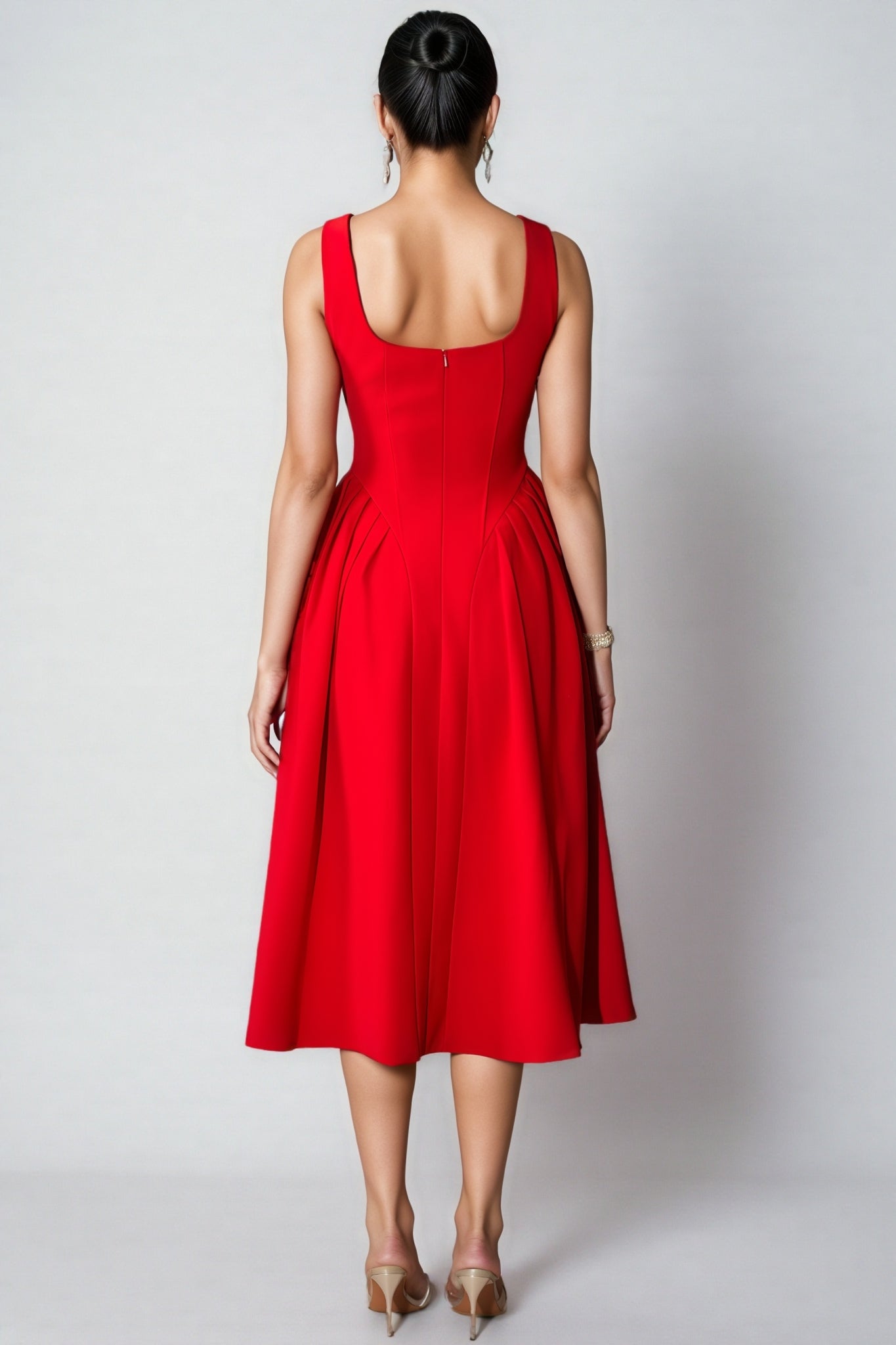 Crystal Trim Scoop Neck Sleeveless Pleated A-Line Midi Dress