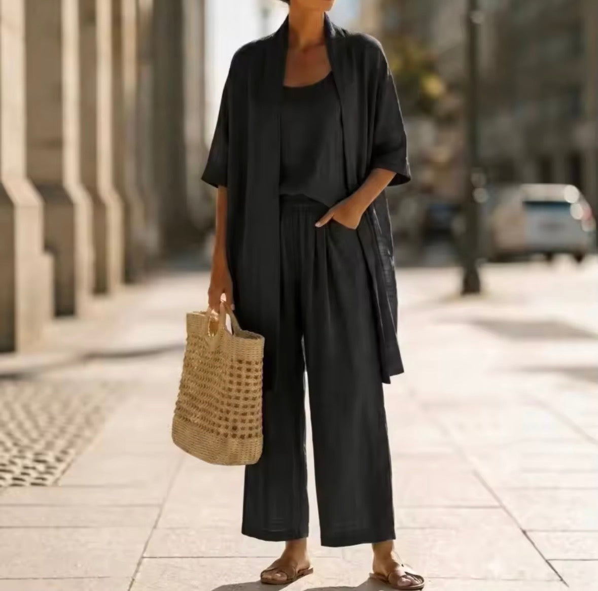 Open Front Cardigan Tank and Wide Leg Pants Three Piece Set
