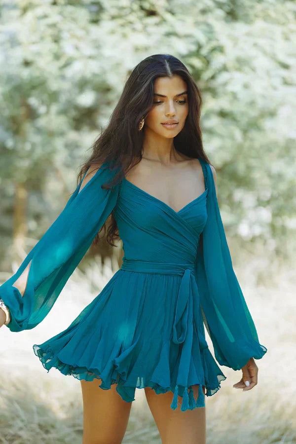 Deep V-Neck Wrap Tie Waist Cape Sleeve Tiered Ruffle Mini Dress