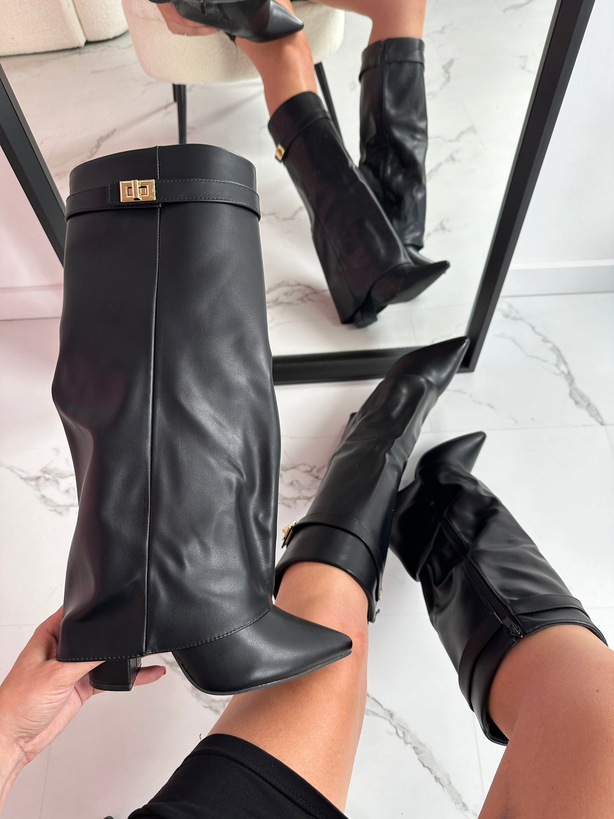Pointed Toe Fold Over Buckle Block Heel Knee High Boots