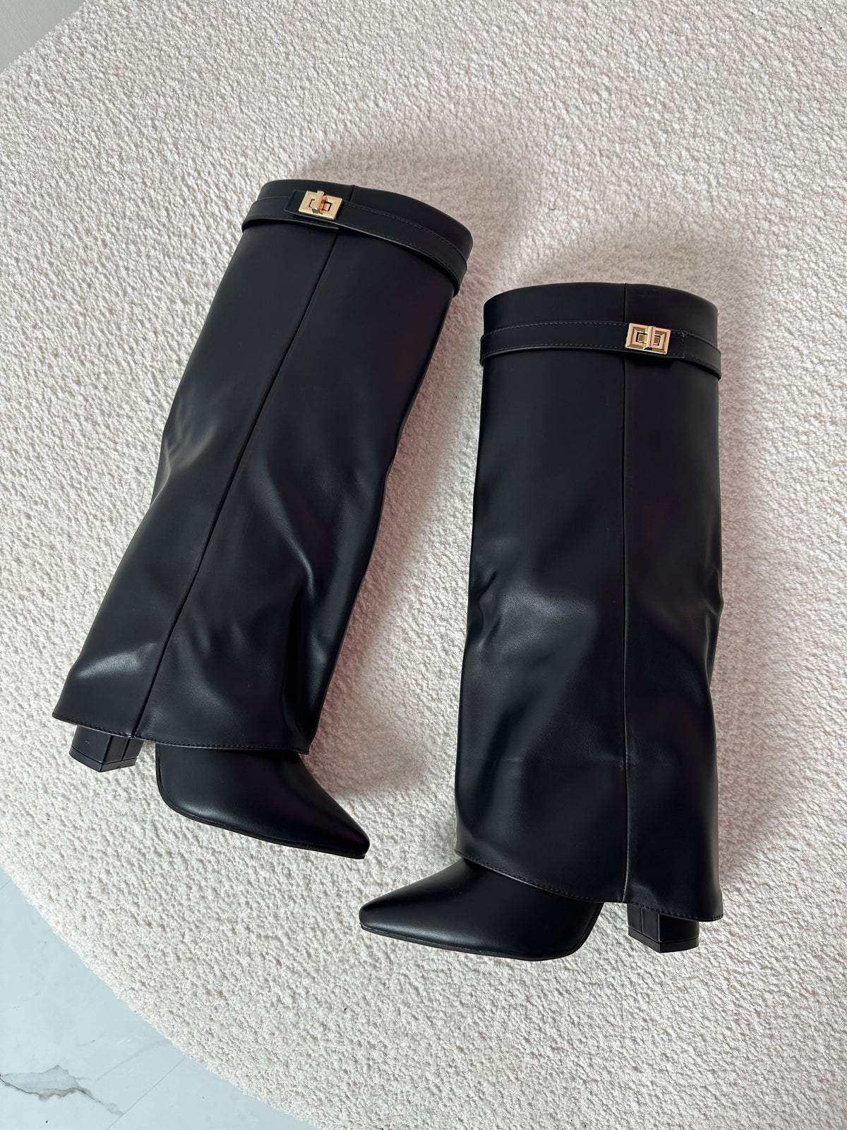 Pointed Toe Fold Over Buckle Block Heel Knee High Boots