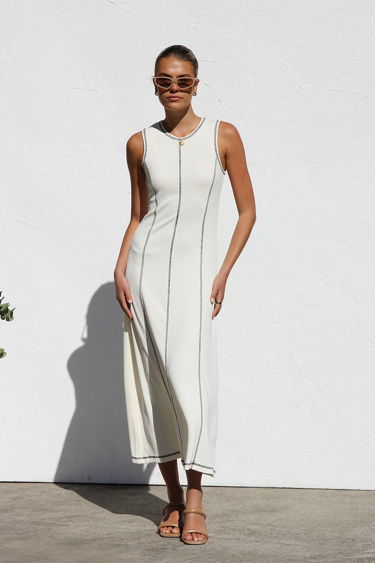 Ribbed Knit Sleeveless Crew Neck Contrast Stitch Column Maxi Dress