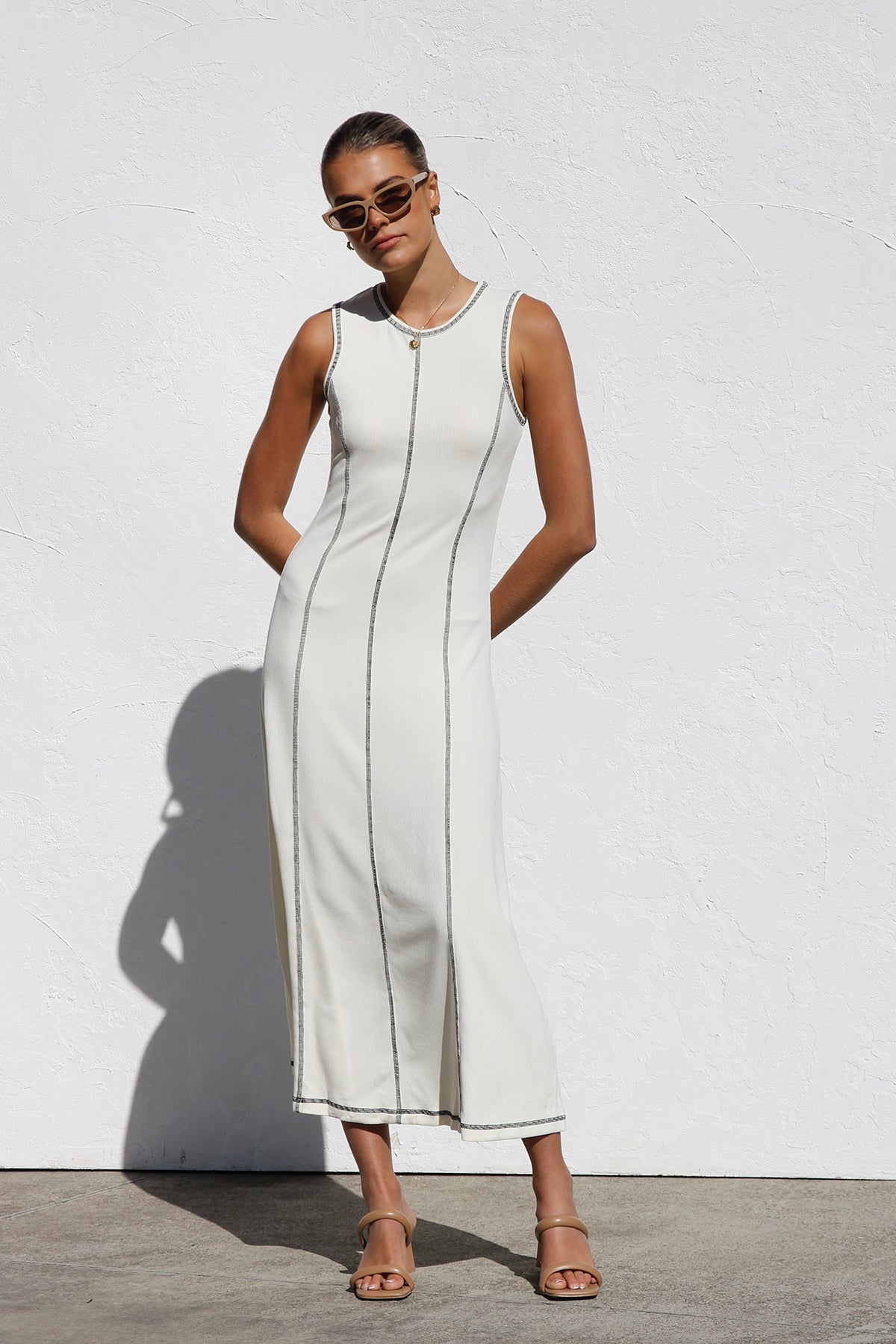 Ribbed Knit Sleeveless Crew Neck Contrast Stitch Column Maxi Dress