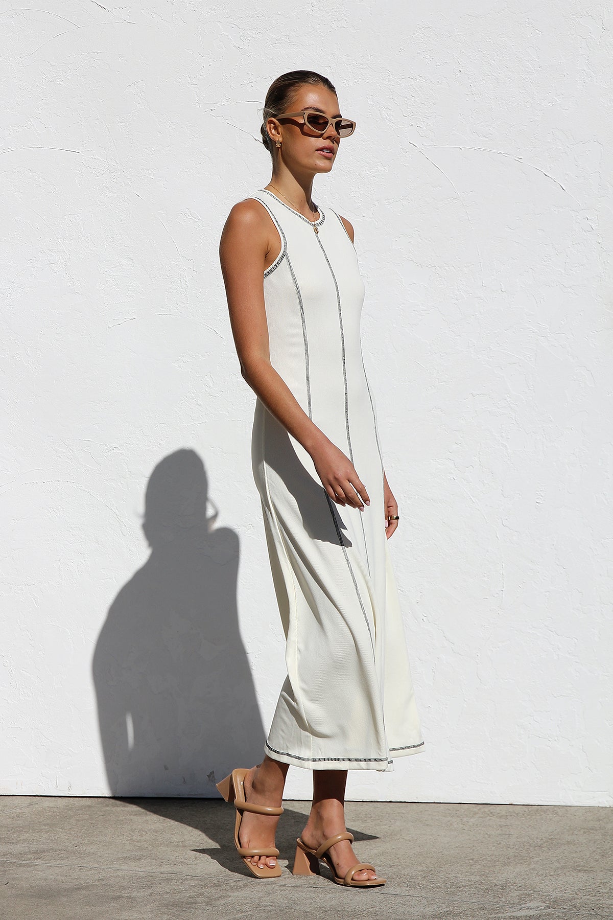 Ribbed Knit Sleeveless Crew Neck Contrast Stitch Column Maxi Dress