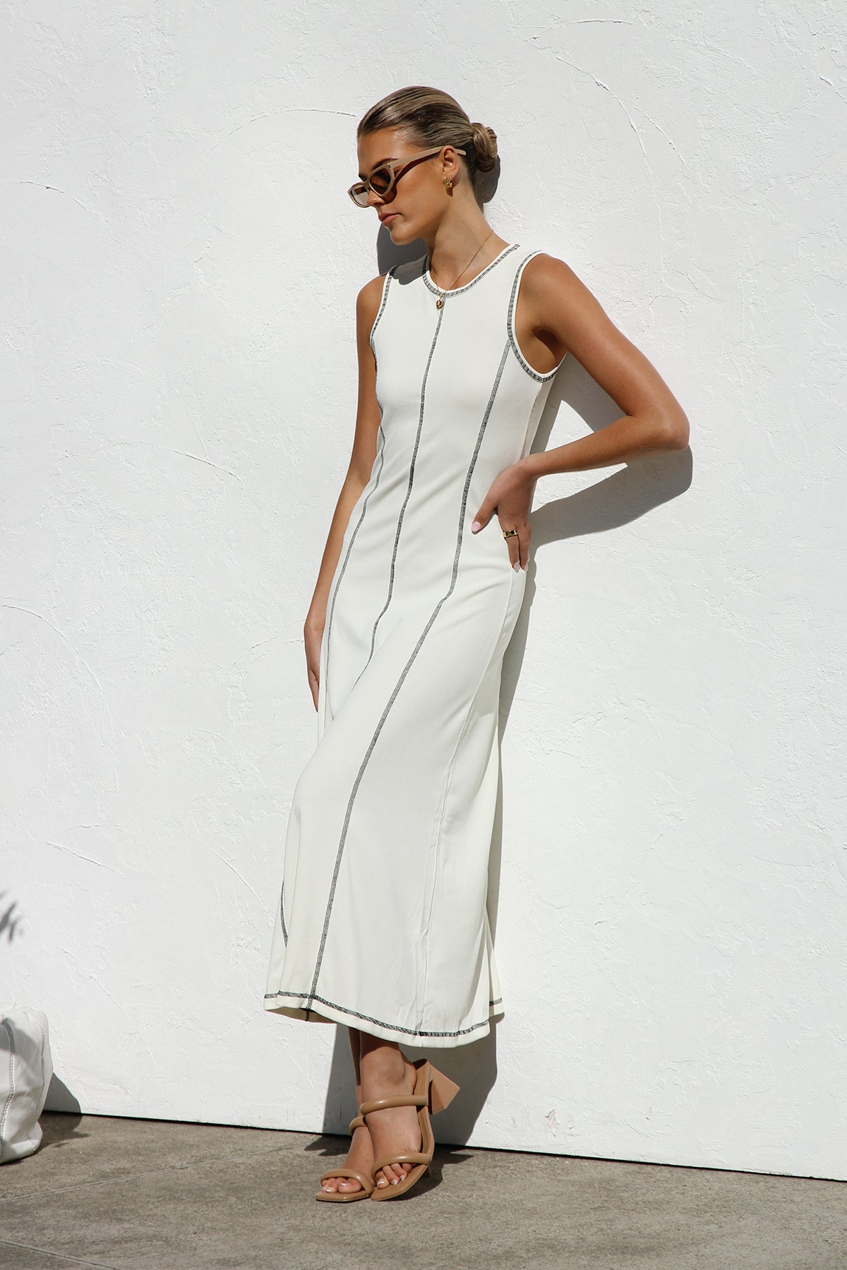 Ribbed Knit Sleeveless Crew Neck Contrast Stitch Column Maxi Dress