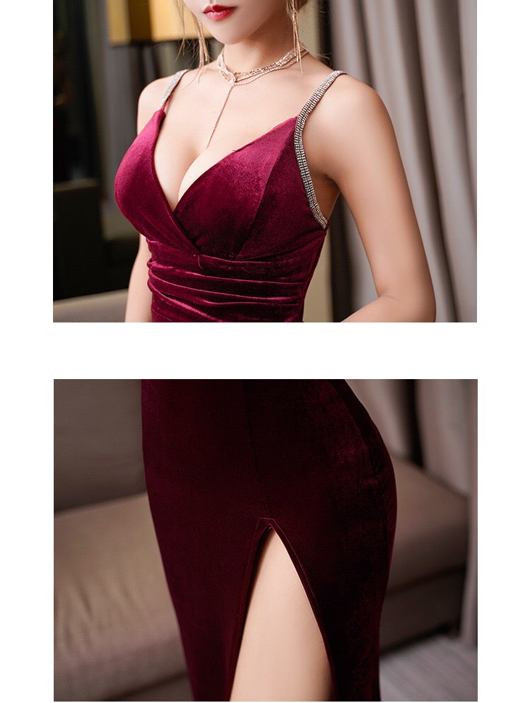 Velvet V-Neck Spaghetti Strap High Split Maxi Formal Gown 8