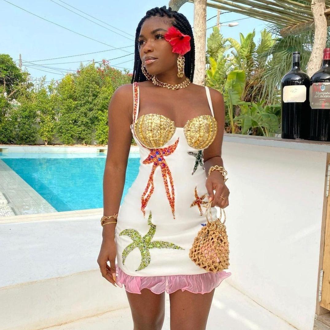 Sequin Starfish Bustier Ruffle Hem Bodycon Mini Dress