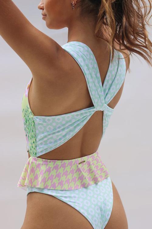 Floral Cut Out Ruffles One Piece Swimwear