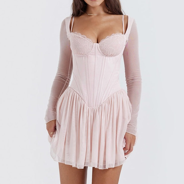 Lace Cup Corset Bodice Long Sleeve Mesh Basque Waist Mini Dress 4