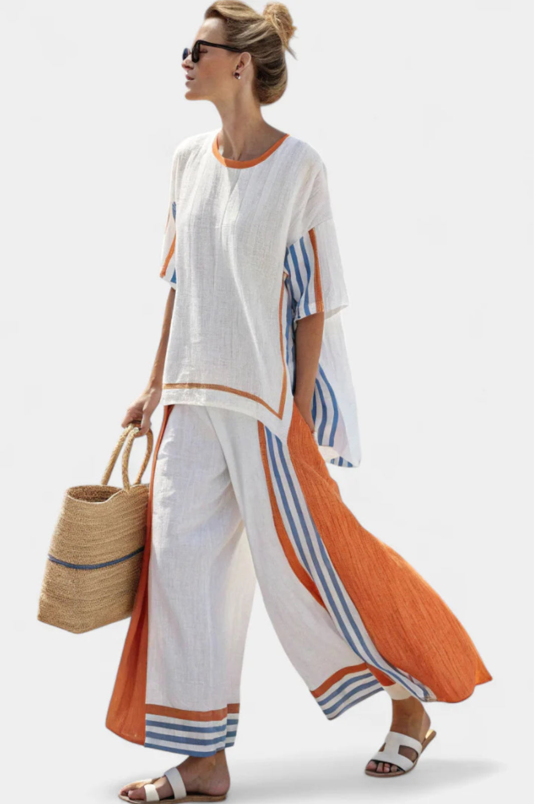 Striped Border Short Sleeve Top and Wide Leg Pants Two Piece Set