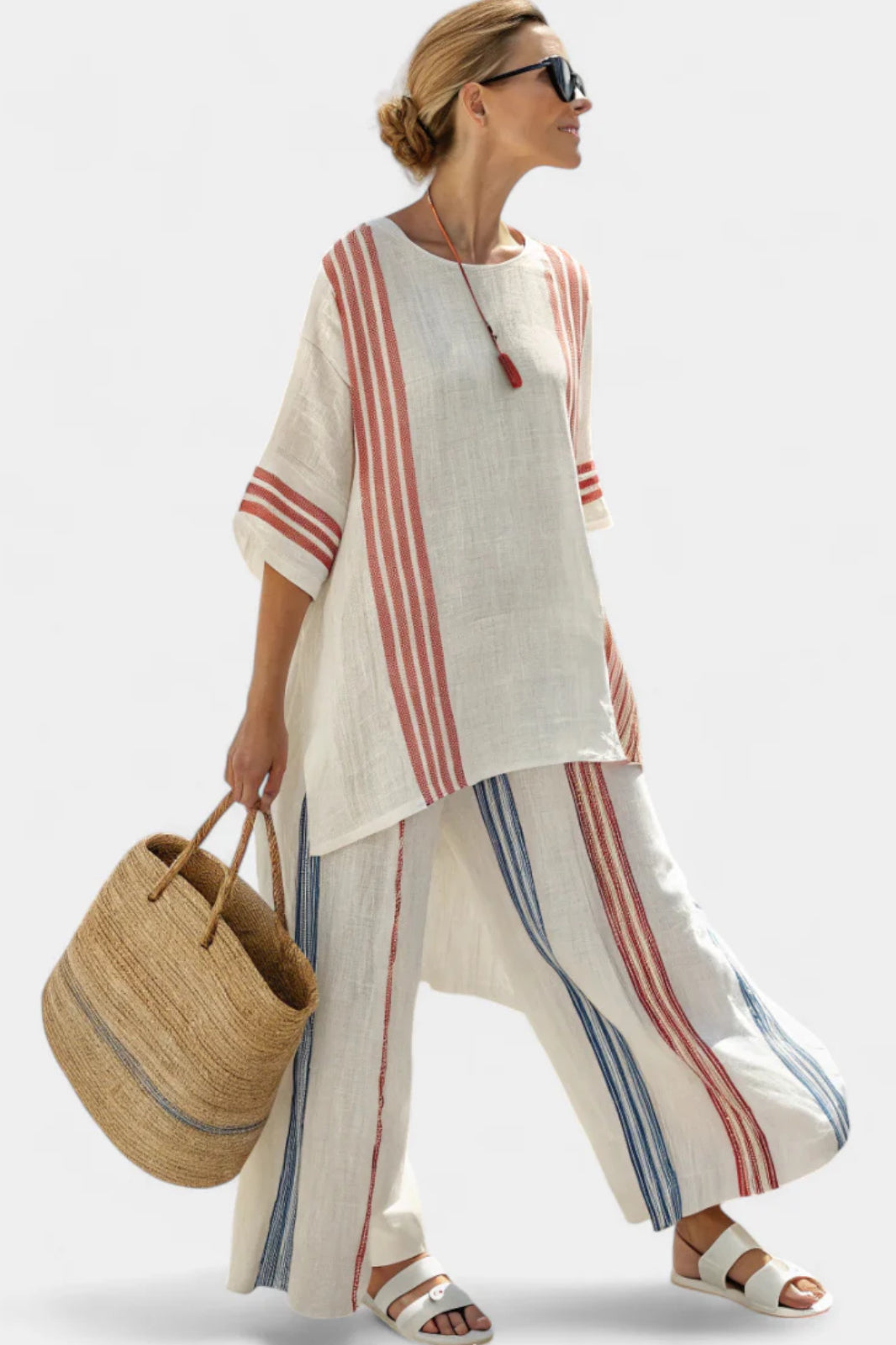 Striped Border Short Sleeve Top and Wide Leg Pants Two Piece Set