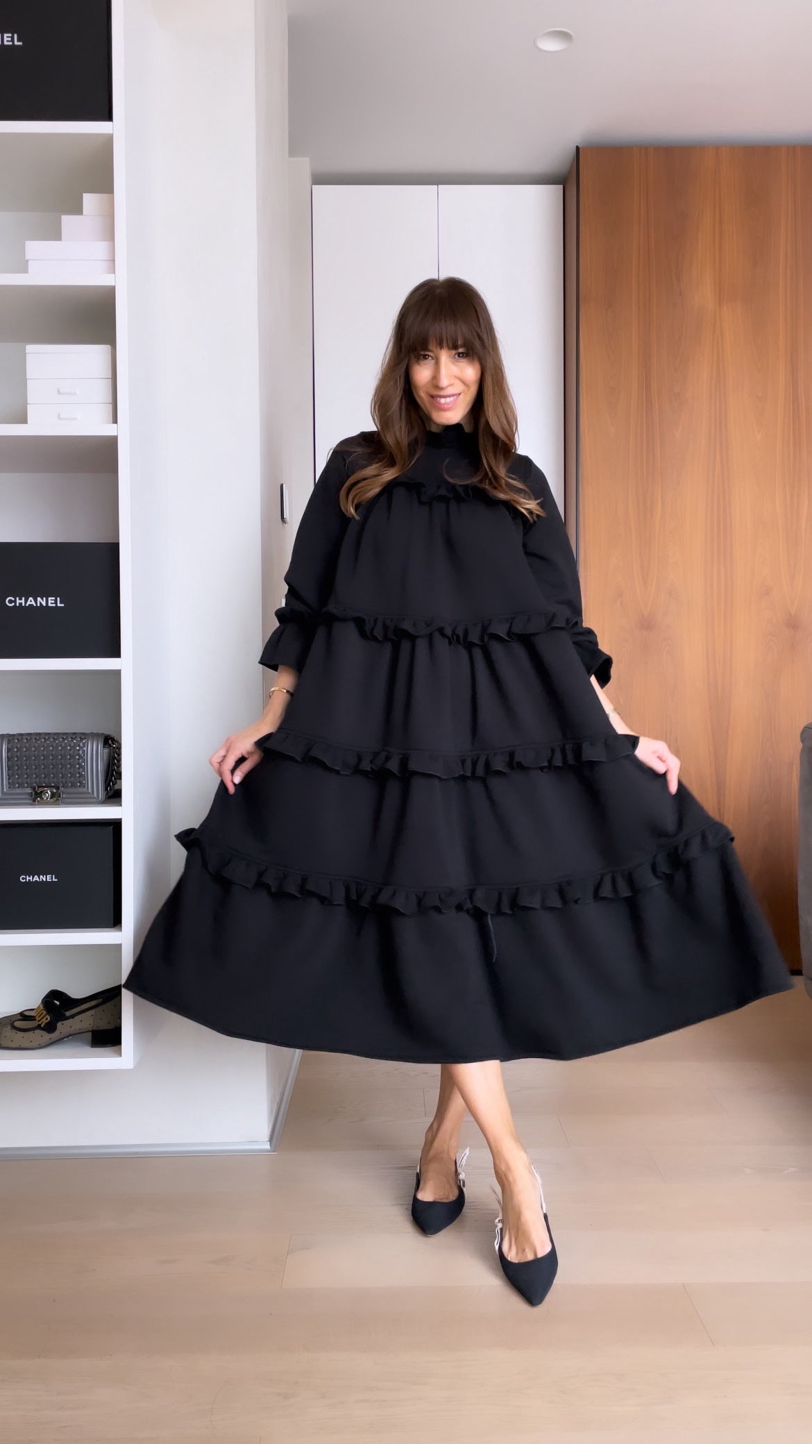 High Neck Long Sleeve Tiered Ruffle Midi Dress 4