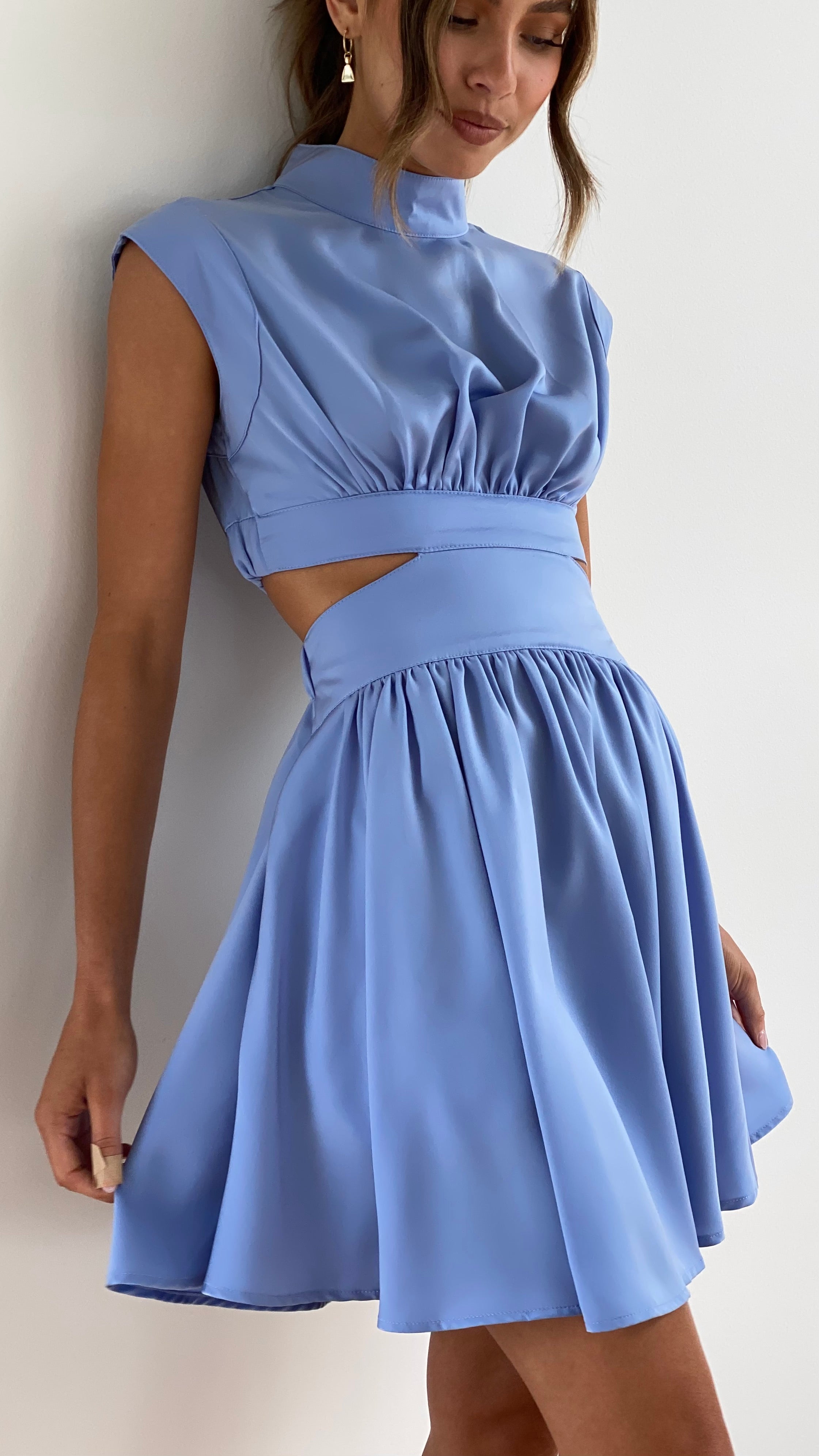 Sleeveless Mock Neck Ruched Bodice Side Cut Out Pleated Skater Mini Dress